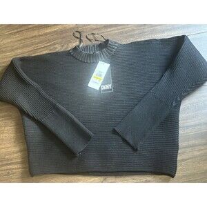DKNY Jeans Women's Cropped Sweater Ottoman-Rib Dolman-Sleeves Black Top Size M